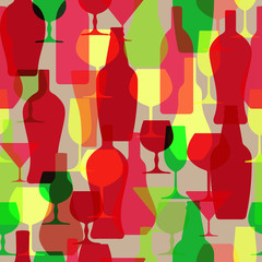 Seamless texture. Corporate style. Multicolor pattern of  bottles and glasses. to design a package, box or wrapper. 