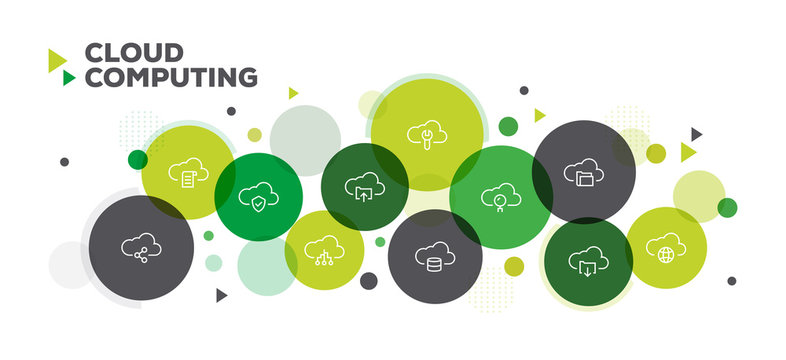 CLOUD COMPUTING ICONS ON MULTI COLORED BACKGROUND BANNER DESIGN