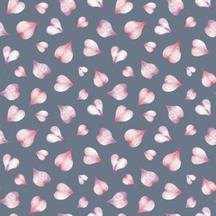 Watercolor seamless pattern of heart-shaped pink flower petals.