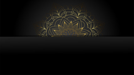 Round gradient mandala on black isolated background. Vector boho mandala in golden colors. Mandala with floral patterns. Yoga template
