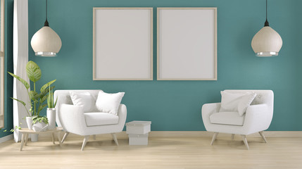 poster mock up living room interior with white armchair sofa on blue room design minimal design. 3D rendering