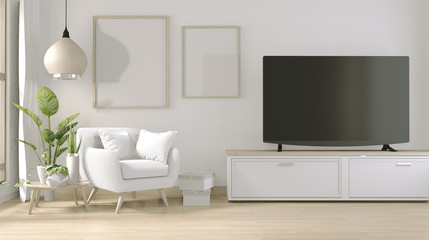 TV on stand cabinet in modern living room with armchair and decoration plants.3D rendering