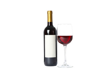 Bottle and glass with red wine isolated on white background