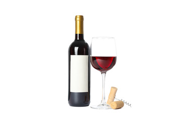 Bottle and glass with red wine, corkscrew isolated on white background