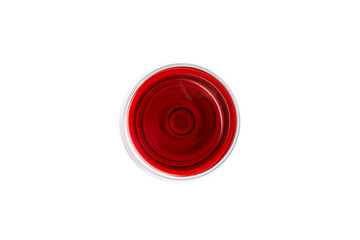 Glass with red wine isolated on white background, top view