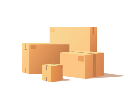 Template of shopping packages packed by adhesive tape, vector isolated big and small boxes. Wholesale of goods, pile of parcels in warehouse vector