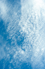 Bright blue sky and white wooly clouds background, bottom view , horizontal image.