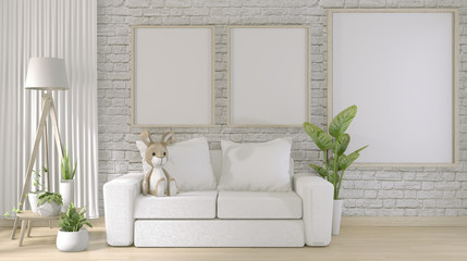 mock up poster frame on white brick wall room floor wooden with white sofa and decoration plants.3d rendering