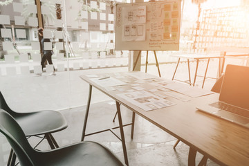 user experience UX designer designing web on smart phone layout. UI developer planning working on mobile application prototype