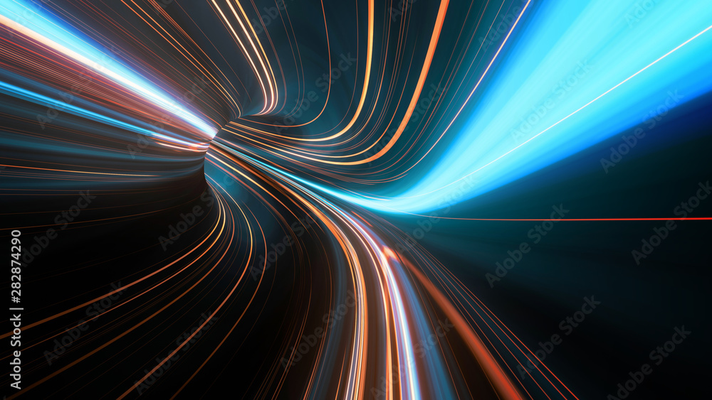 Poster 3d rendering of abstract fast moving stripe lines with glowing sun light flare. high speed motion bl