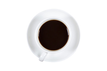 Black coffee in a coffee cup top view isolated on white background.
