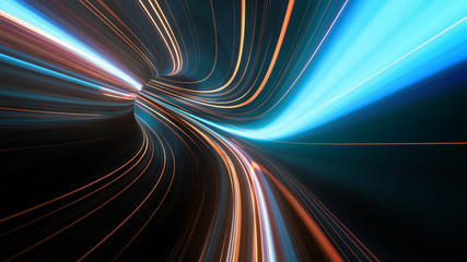 3D Rendering of abstract fast moving stripe lines with glowing sun light flare. High speed motion blur. Concept of leading in business, Hi tech products, warp speed wormhole science.