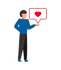 Guy holds on a palm like button on white background. Social media reaction buttons. Red heart and speech button counter in social media on a white background.