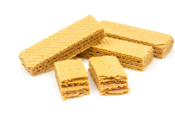 Crispy cream chocolate flavored wafer snack isolated on white background. 