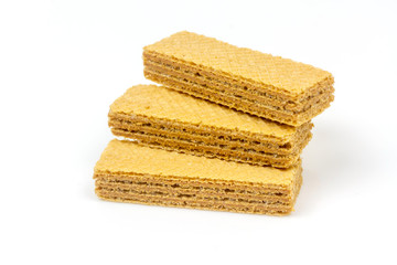 Crispy cream chocolate flavored wafer snack isolated on white background. 