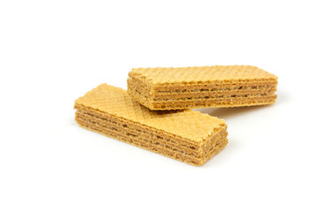 Crispy cream chocolate flavored wafer snack isolated on white background. 