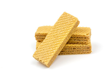 Crispy cream chocolate flavored wafer snack isolated on white background. 
