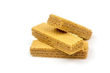Crispy cream chocolate flavored wafer snack isolated on white background. 