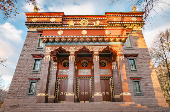The Datsan Gunzechoinei is a large Buddhist temple. St. Petersburg, Russia. Buddhist datsan facade and main entrance to the temple