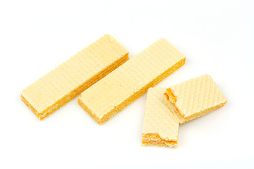 Crispy cheese flavored wafer snack isolated on white background.