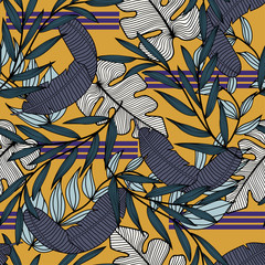 Trend seamless pattern with colorful tropical leaves and plants on yellow background. Vector design. Jungle print. Floral background. Printing and textiles. Exotic tropics. Summer design.