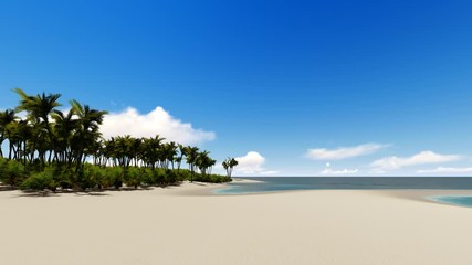 Paradise tropical island footage. Flowing clouds in blue sky and ocean waves washing up shore animation. Sunny day on exotic deserted island coast. Beach sand and palms realistic 4k