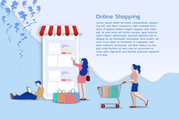 Modern flat design concept of people and Business Online Shopping for M-Commerce with decorated small people character. Landing page template for website and mobile website development UI, UX design.