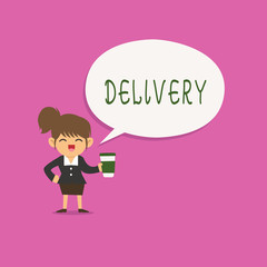 Writing note showing Delivery. Business photo showcasing action of delivering letters parcels or goods Giving birth.
