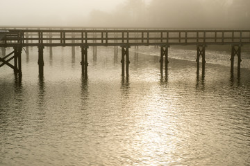 Beautiful tinted foggy picture of a private dock along the Kiawah River in South Carolina.
