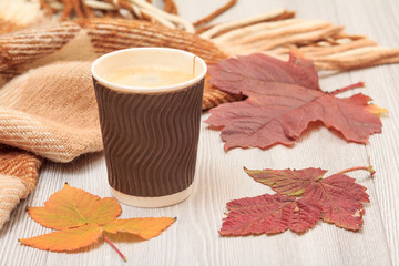 Fototapeta na wymiar Cup of coffee, dry leaves and a plaid in an autumn still llife.