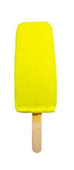 Yellow ice cream on a stick on a white background. Lemon Sweet Dessert