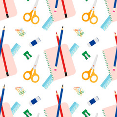 Seamless office or school stationery tools vector pattern. Back to school background. Cute kids pattern