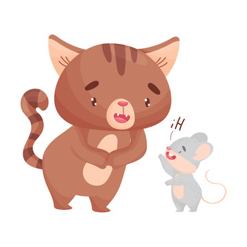 Mouse welcomes the cat. Vector illustration on white background.