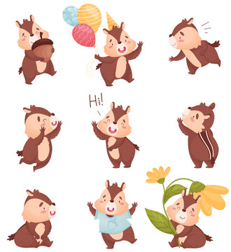 Cartoon chipmunk in different situations. Vector illustration on white background.
