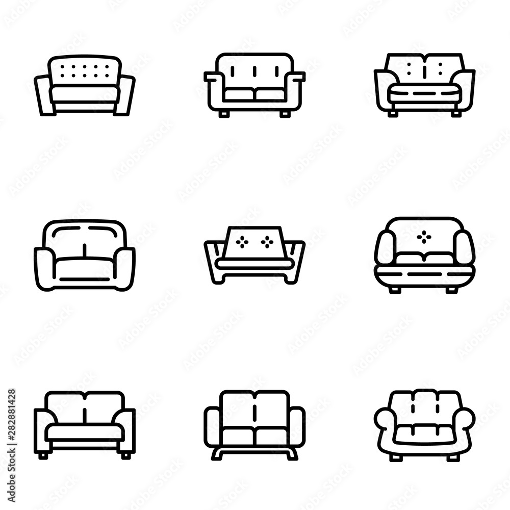 Poster old sofa icon set. outline set of 9 old sofa vector icons for web design isolated on white backgroun