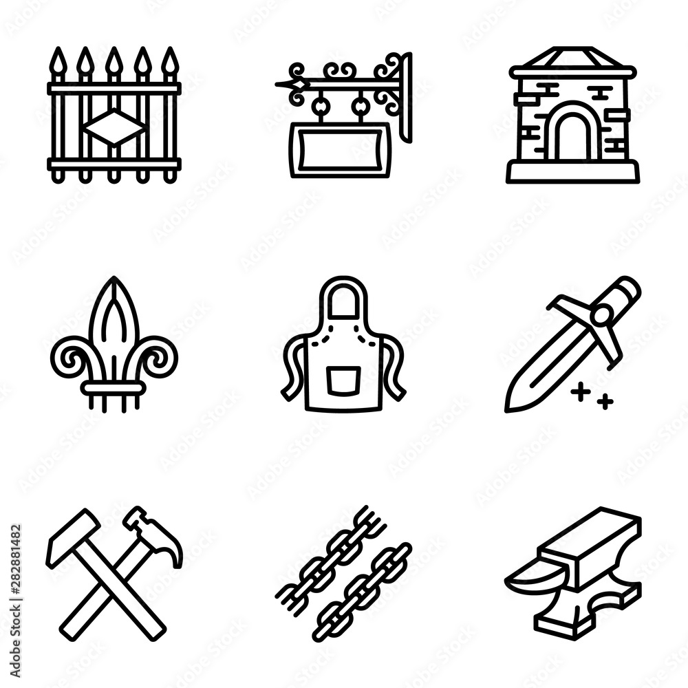 Poster blacksmith collection icon set. outline set of 9 blacksmith collection vector icons for web design i