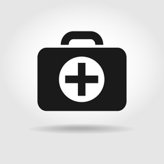 First aid or medical kit. Ambulance case. Black icon of medical bag in flat style isolated over gradient background. Vector illustration