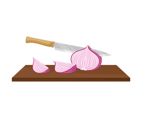 Knife cuts purple onions. Vector illustration on a white background.