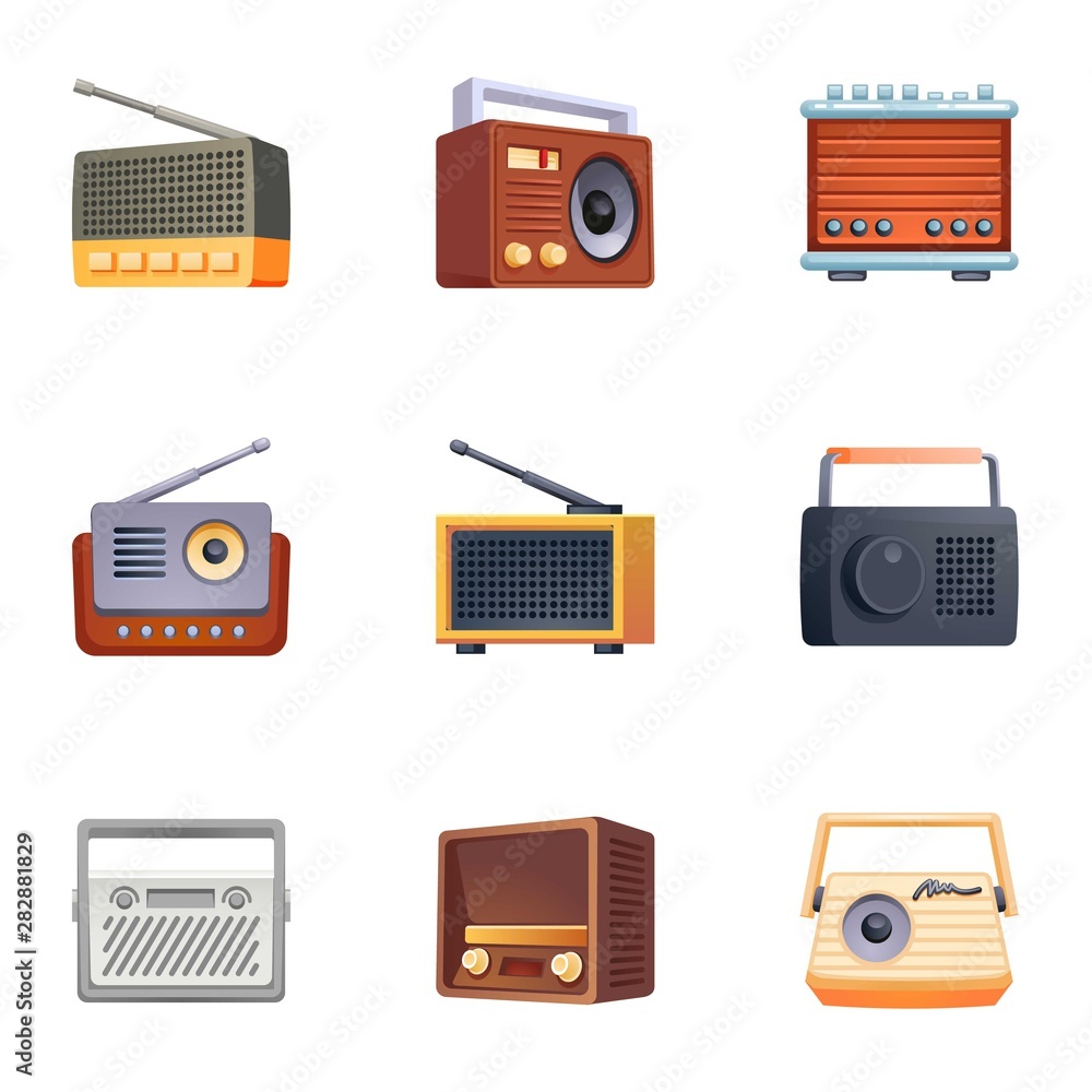 Poster tuner radio icons set. cartoon set of tuner radio vector icons for web design