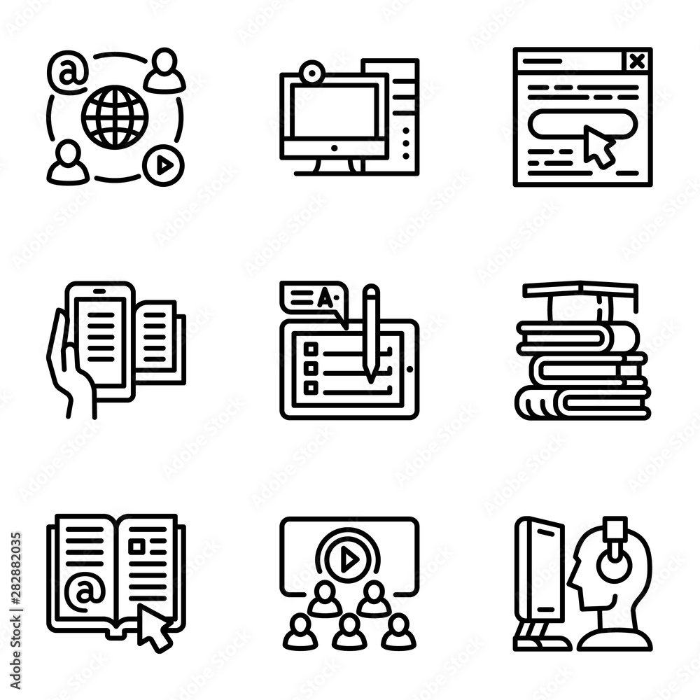 Poster online study icon set. outline set of 9 online study vector icons for web design isolated on white b