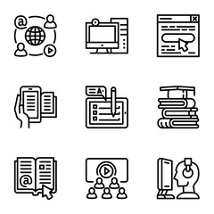 Online study icon set. Outline set of 9 online study vector icons for web design isolated on white background