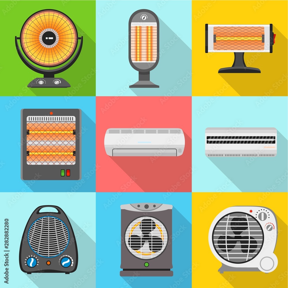 Poster home fan heater icon set. flat set of 9 home fan heater vector icons for web design isolated on whit