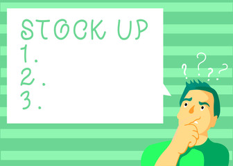 Writing note showing Stock Up. Business photo showcasing buy large amount something so that you will have enough for future.