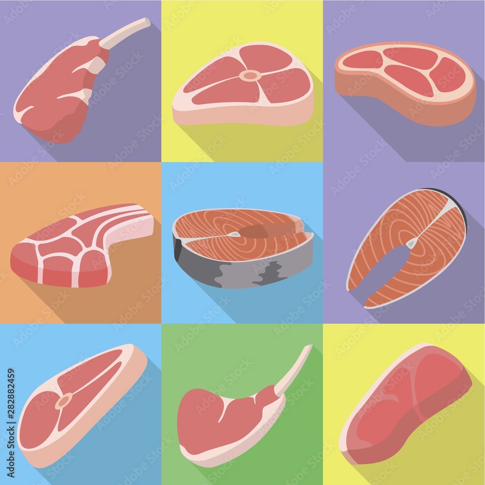 Poster raw steak icon set. flat set of 9 raw steak vector icons for web design isolated on white background