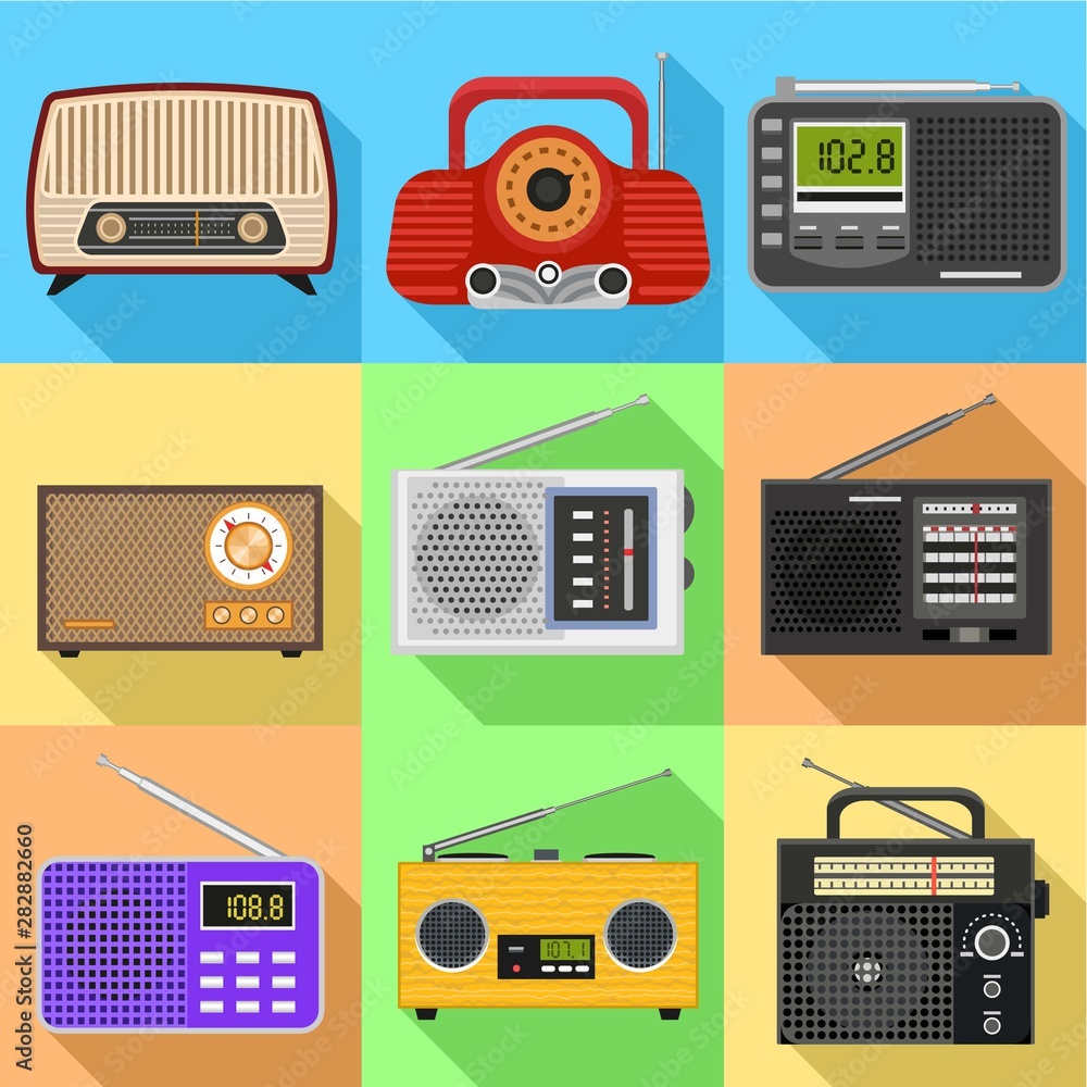 Poster fm radio icon set. flat set of 9 fm radio vector icons for web design isolated on white background