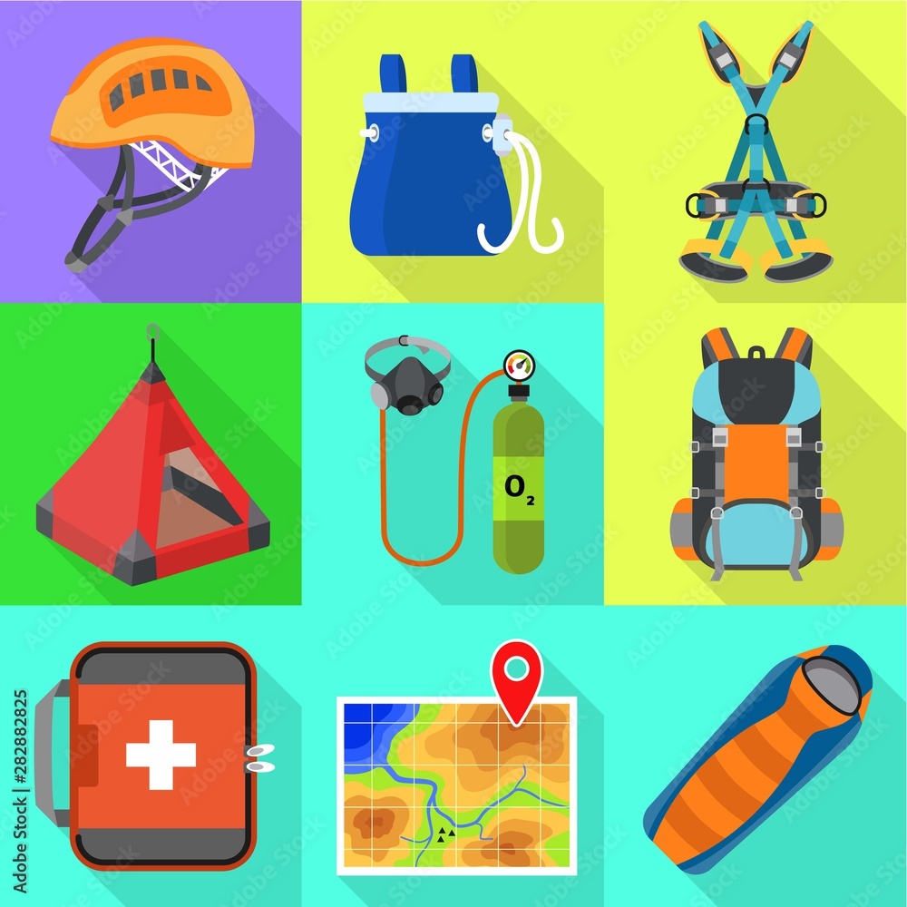 Poster climbing tools icon set. flat set of 9 climbing tools vector icons for web design isolated on white 