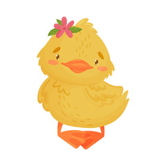 Cute yellow duckling girl standing. Vector illustration on a white background.