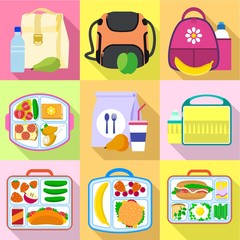 Lunchtime bag icon set. Flat set of 9 lunchtime bag vector icons for web design isolated on white background