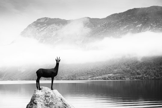 Bronze statue of the legendary deer Zlatorog (The Golden Horn), Bohinj Lake, Slovenia, Europe