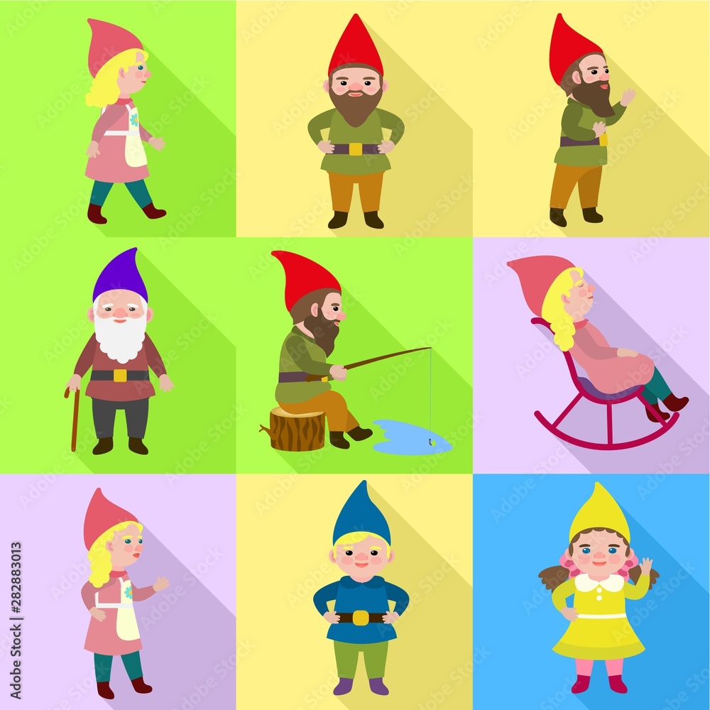 Poster fantasy gnome icon set. flat set of 9 fantasy gnome vector icons for web design isolated on white ba